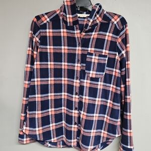 Ultra Flirt Large Navy and Pink Plaid Button Down Fleece Long Sleeve Shirt